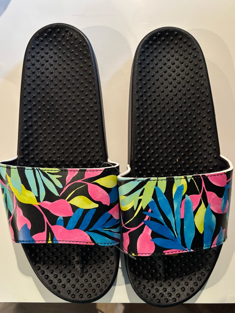 Women’s Black Slide Sandals with Neon Tropical Print PINK
